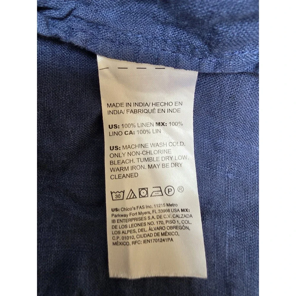 Chico's Open Cardigan Size 1P Boho Tie Dye Blue White Linen 3/4 Sleeve Sweater